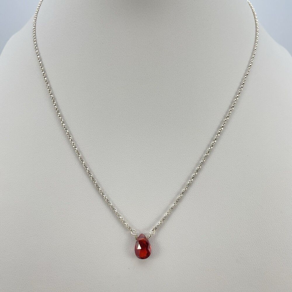 Pricila G. 925 Sterling Silver Necklace Garnet Red Cubic Zirconia Teardrop Gem